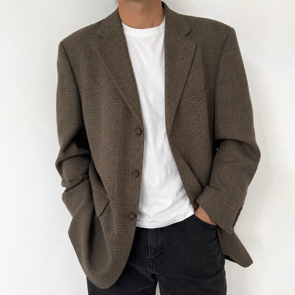 VTG 90s Calvin Klein Wool Rayon Blazer 42 USA Union Brown Three Button Classic
